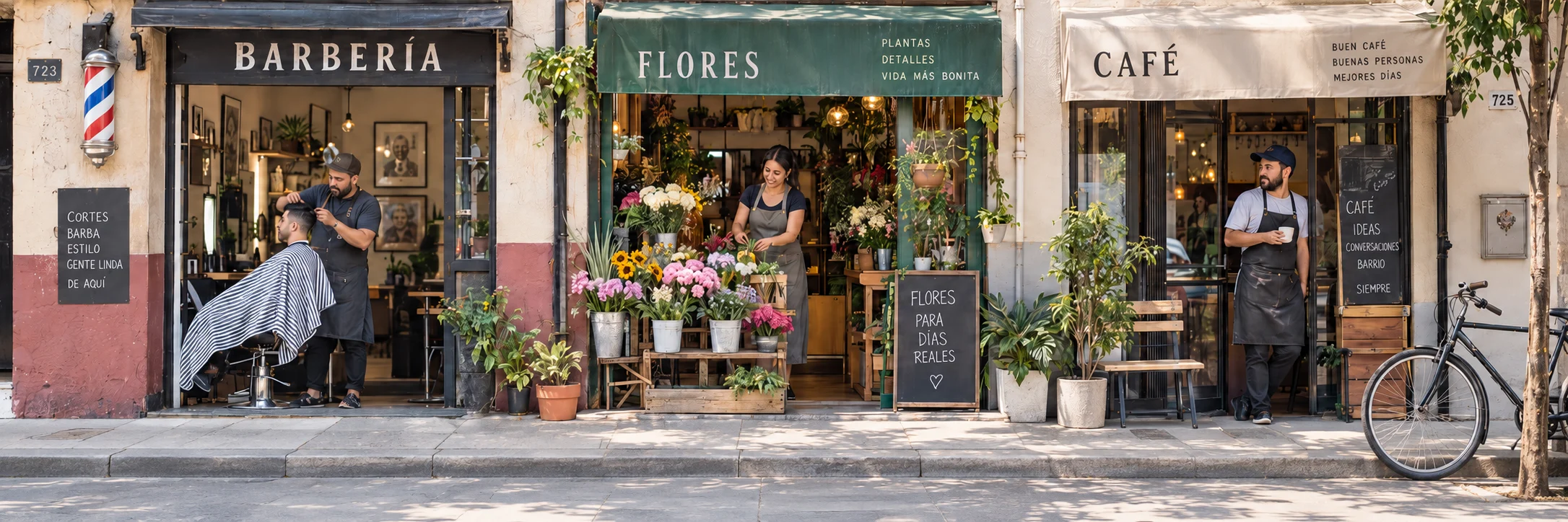 Illustrative scene of a neighborhood barbershop, flower shop and café.